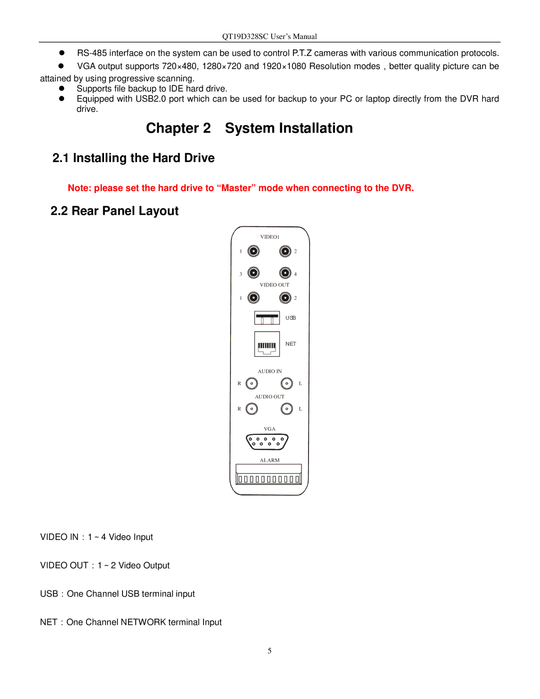 Q-See QT17D324SC user manual System Installation, Installing the Hard Drive Rear Panel Layout 