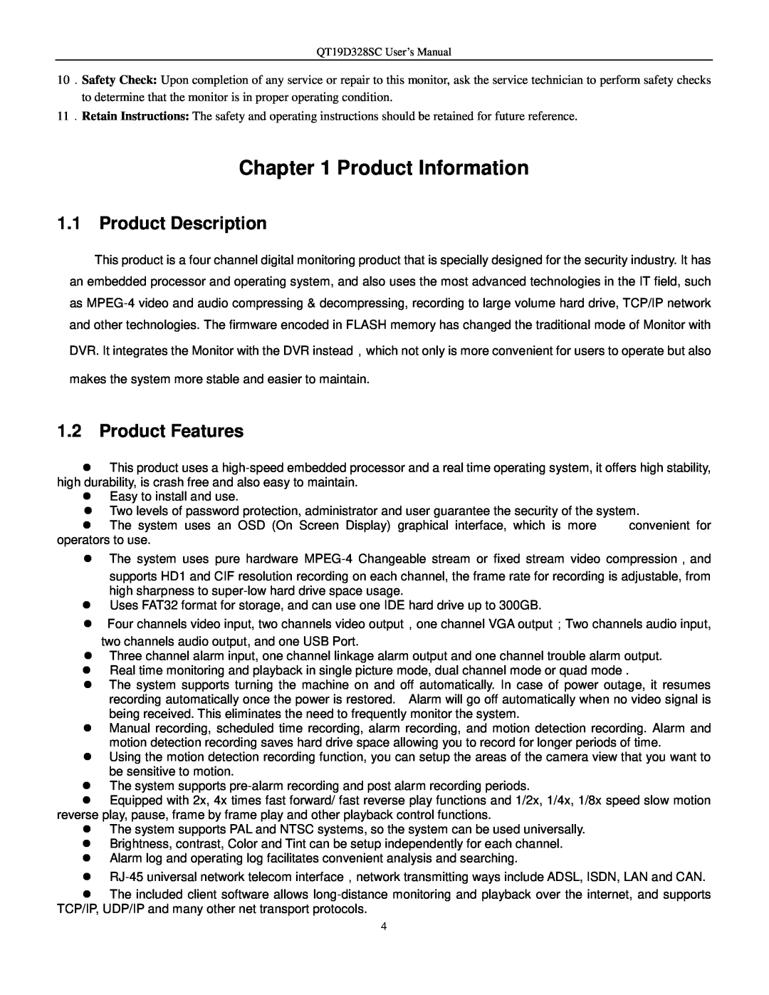 Q-See QT17D324SC user manual Product Information, Product Description, Product Features 