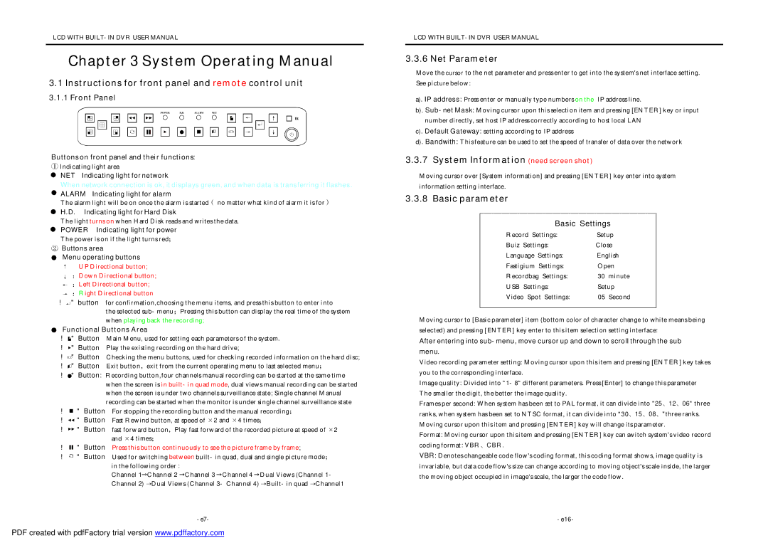 Q-See QT17DVR4C Instructions for front panel and remote control unit, Net Parameter, System Information need screen shot 