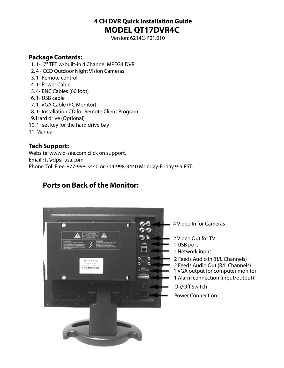 Q-See QT17DVR4C manual CH DVR Quick Installation Guide, Package Contents, Tech Support 