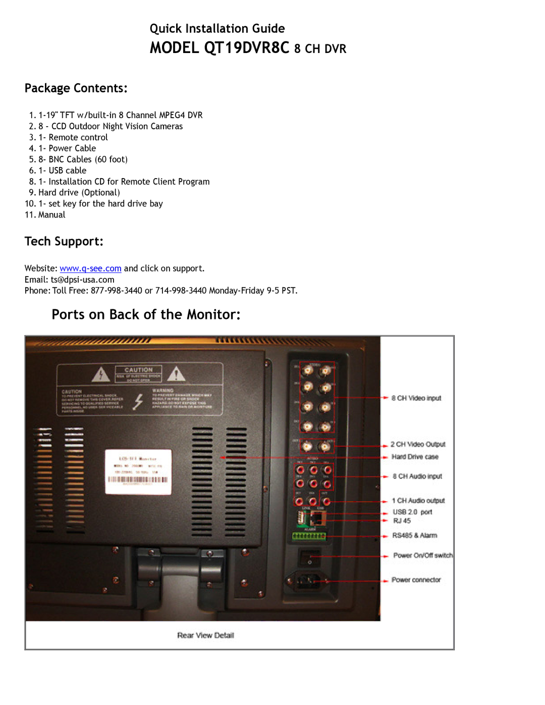 Q-See QT19DVR8C manual Ports on Back of the Monitor, Quick Installation Guide, Package Contents, Tech Support 