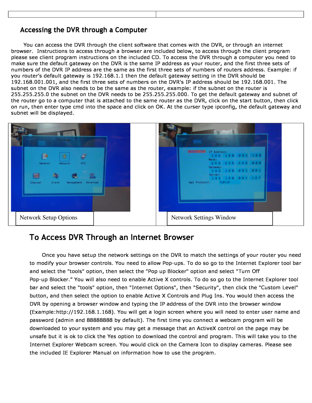 Q-See QT19DVR8C To Access DVR Through an Internet Browser, Accessing the DVR through a Computer, Network Setup Options 