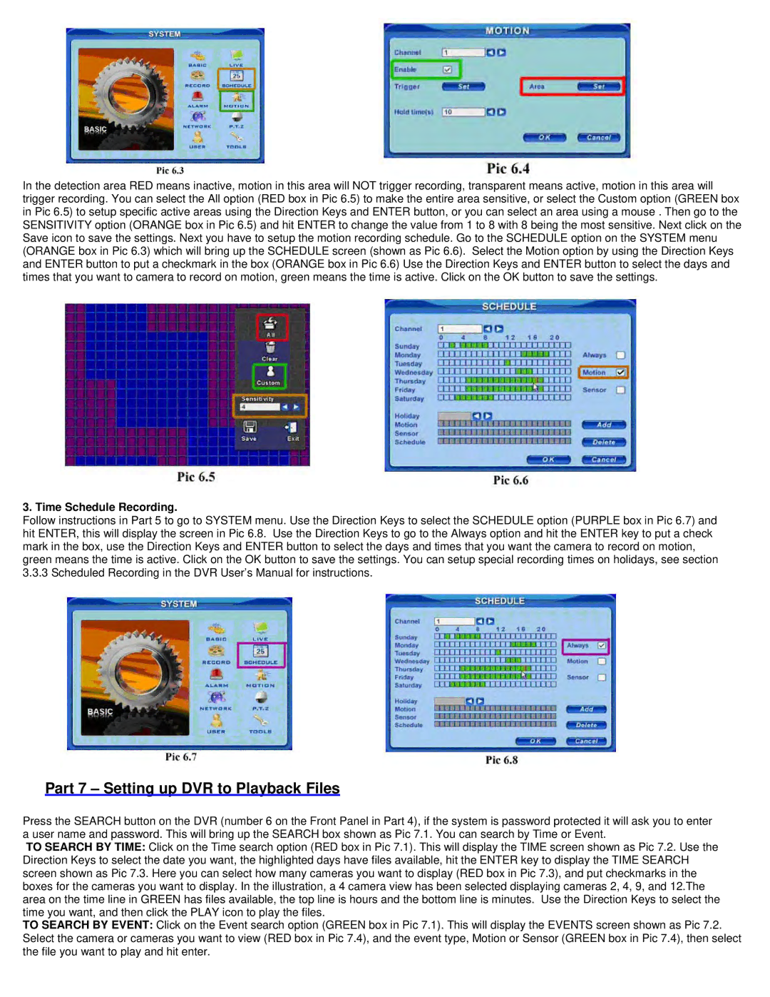 Q-See QT208-818 manual Part 7 Setting up DVR to Playback Files, Time Schedule Recording 