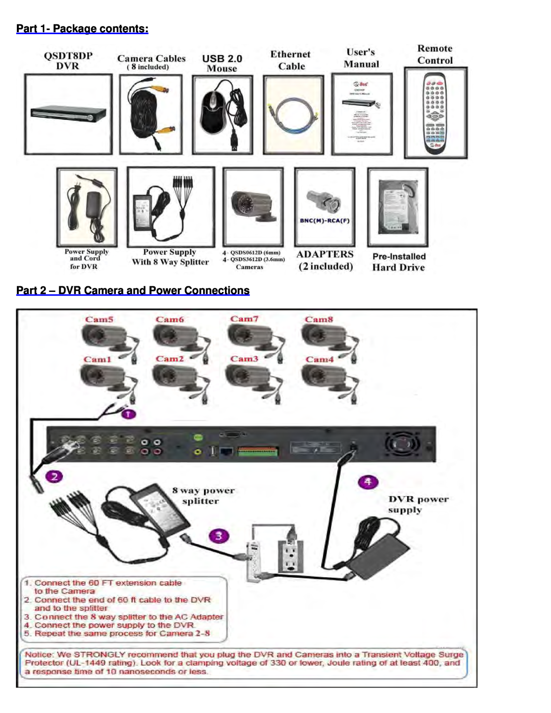 Q-See QT208-818 manual Part 1- Package contents, Part 2 - DVR Camera and Power Connections 