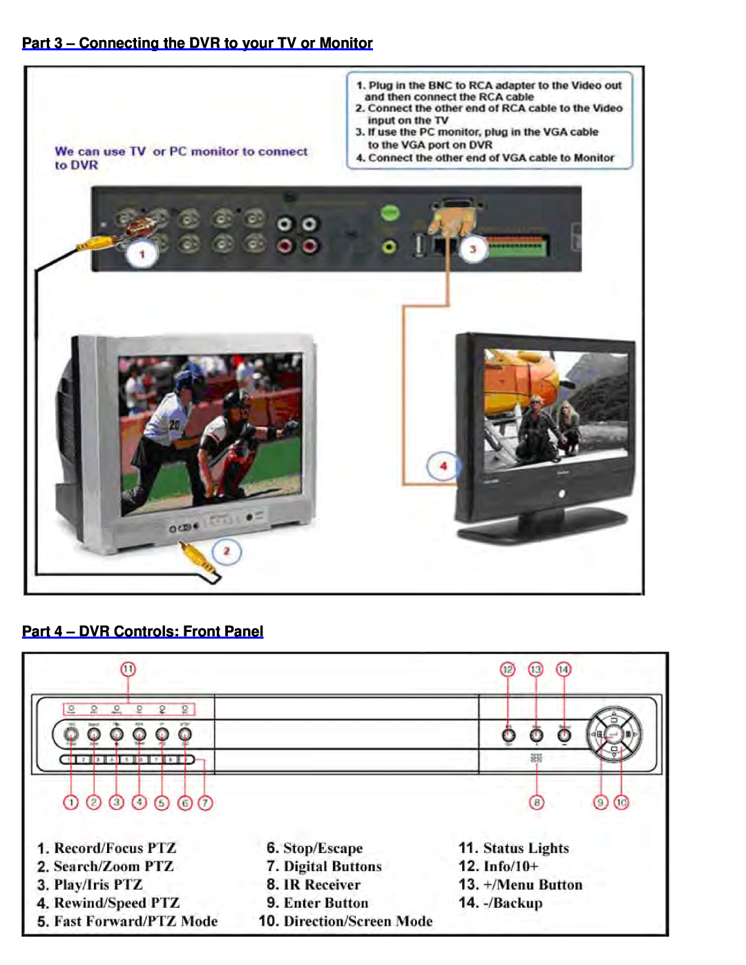 Q-See QT208-818 manual Part 3 - Connecting the DVR to your TV or Monitor, Part 4 - DVR Controls Front Panel 