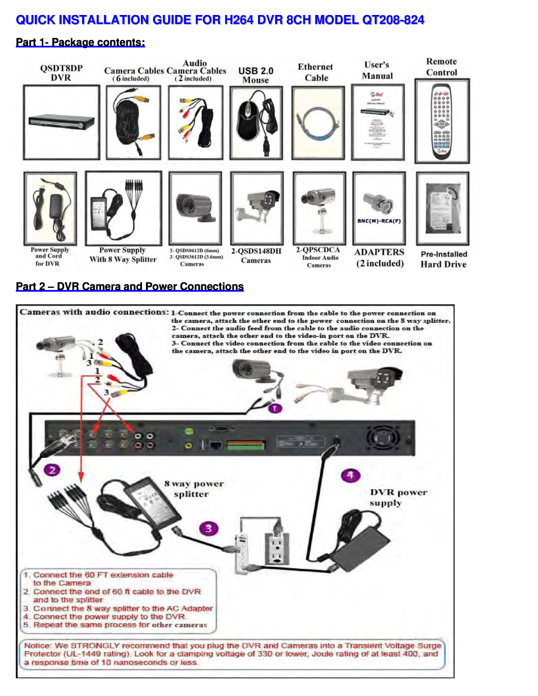 Q-See QT208-824 manual Part 1- Package contents, Part 2 - DVR Camera and Power Connections 