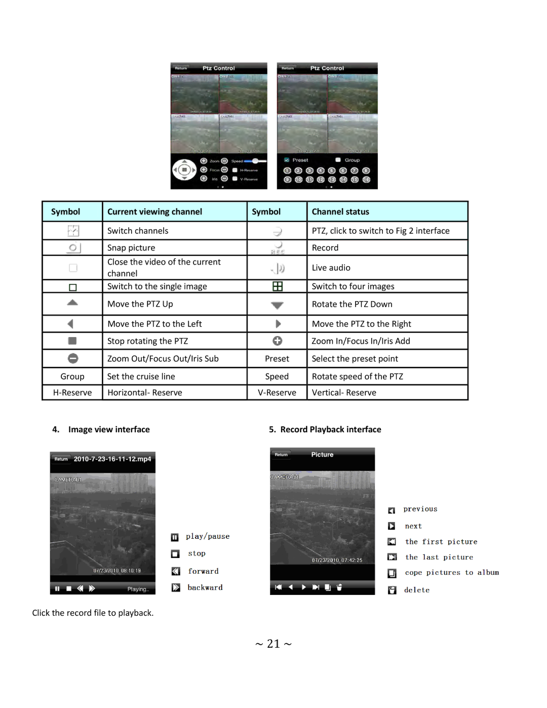 Q-See QT4 setup guide ~ 21 ~, Symbol Current viewing channel Channel status, Image view interface Record Playback interface 