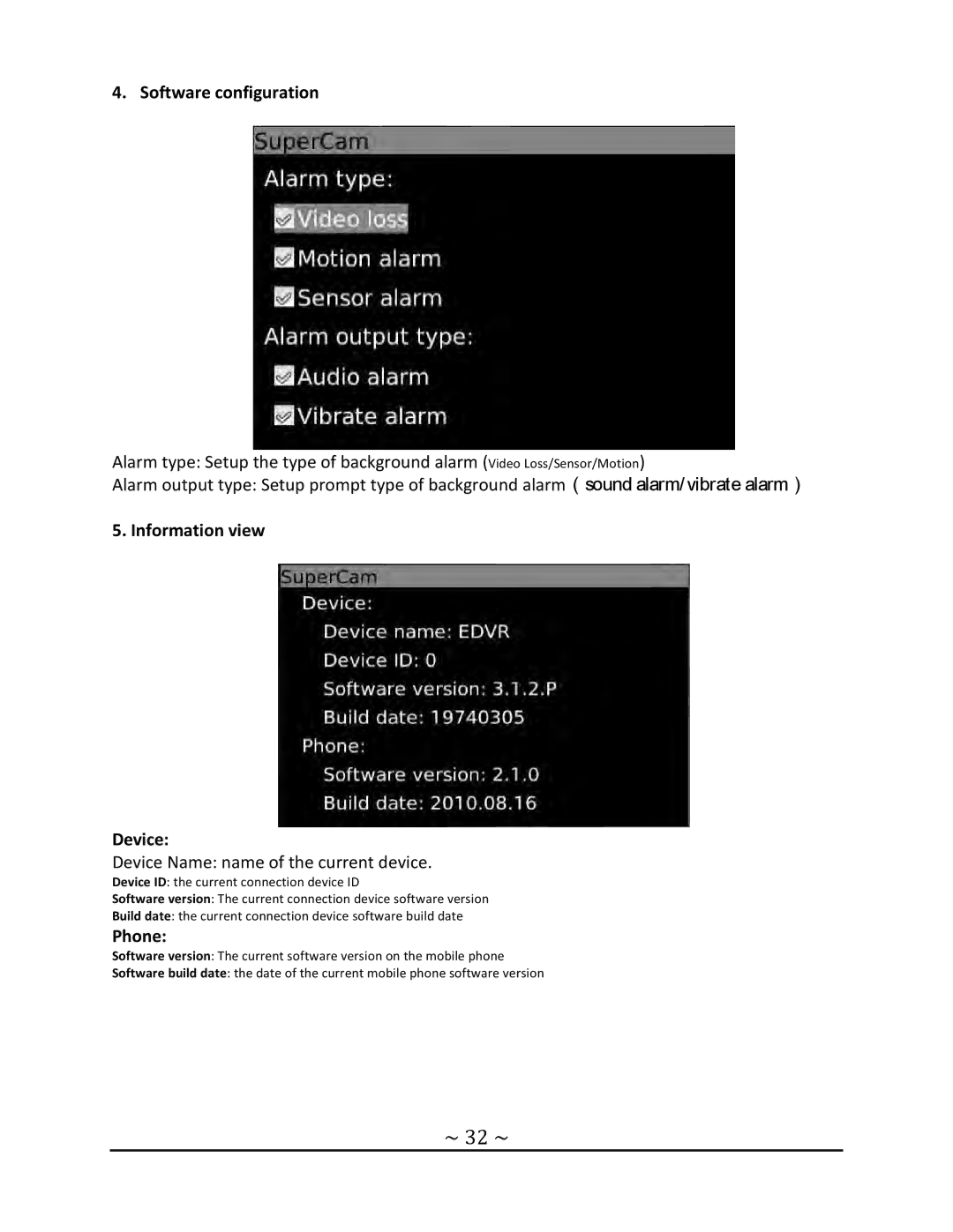 Q-See QT4 setup guide ~ 32 ~, Software configuration, Information view Device, Phone 