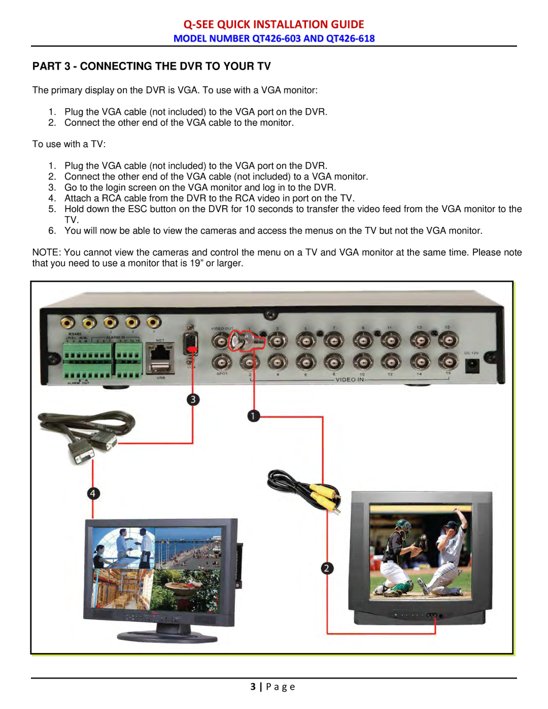 Q-See QT426-603 manual Part 3 Connecting the DVR to Your TV 