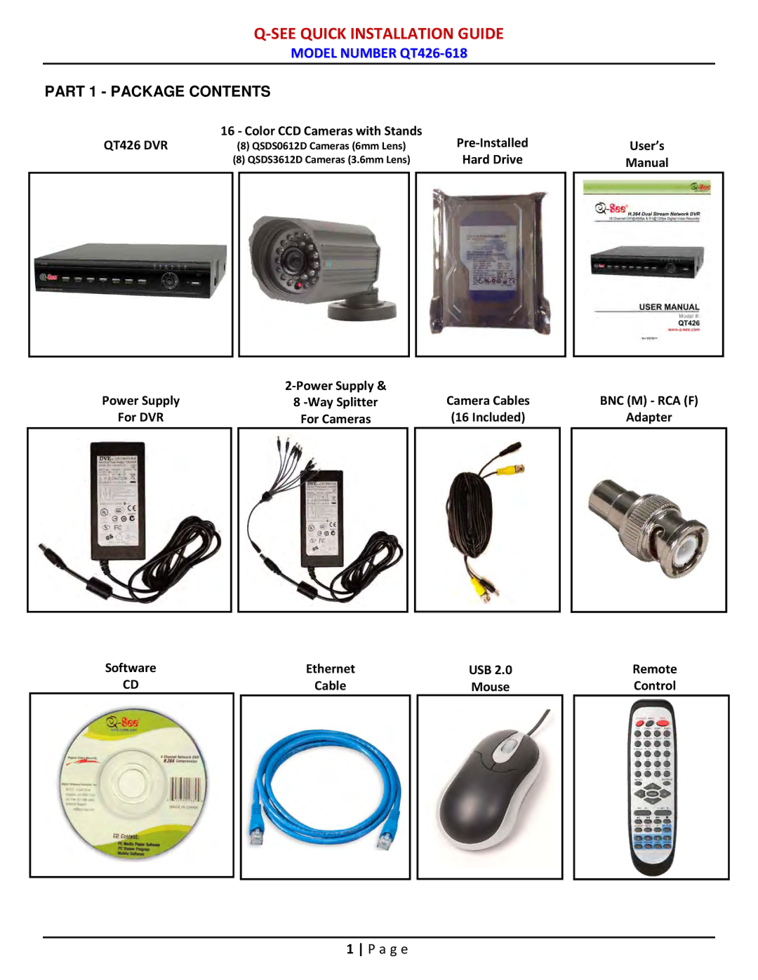 Q-See QT426-618 manual See Quick Installation Guide, Part 1 Package Contents 