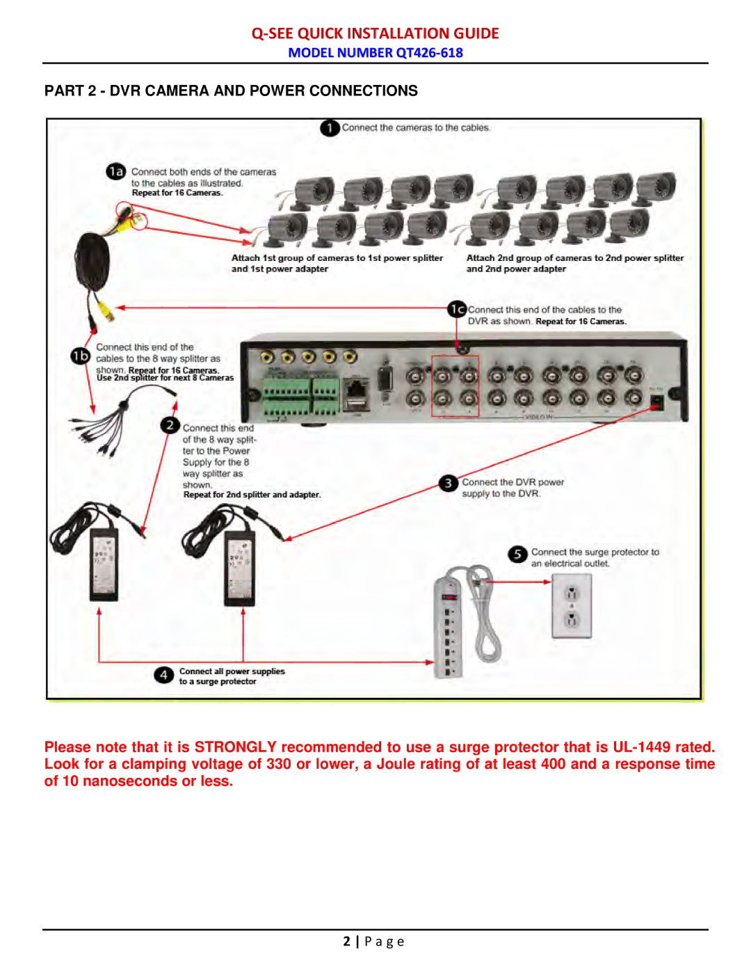 Q-See QT426-618 manual Part 2 DVR Camera and Power Connections 