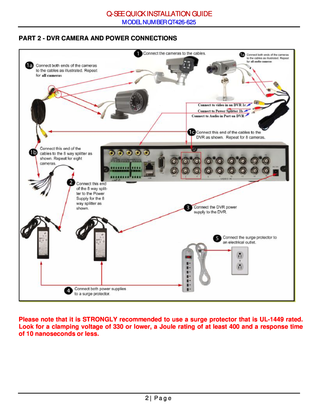 Q-See manual Q-Seequick Installation Guide, MODEL NUMBER QT426-625, PART 2 - DVR CAMERA AND POWER CONNECTIONS, P a g e 