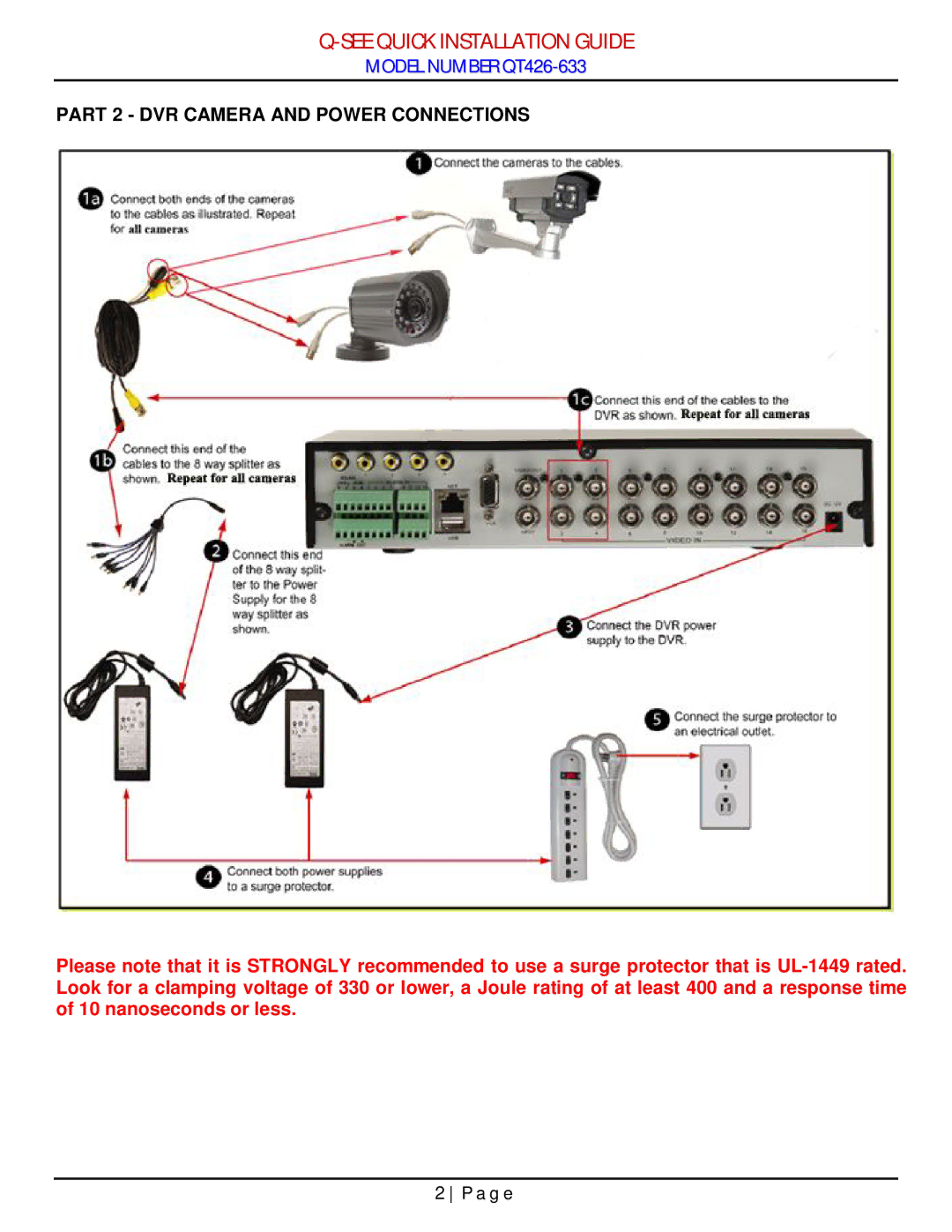 Q-See QT426-633 manual Part 2 DVR Camera and Power Connections 