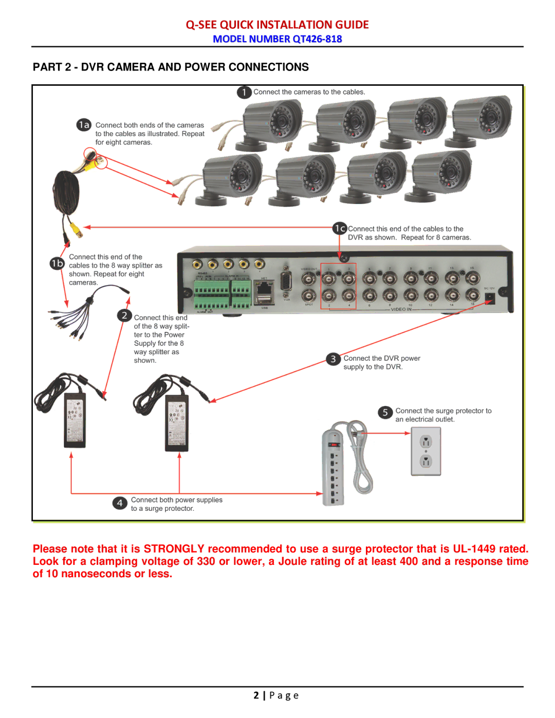 Q-See QT426-818 manual Part 2 DVR Camera and Power Connections 