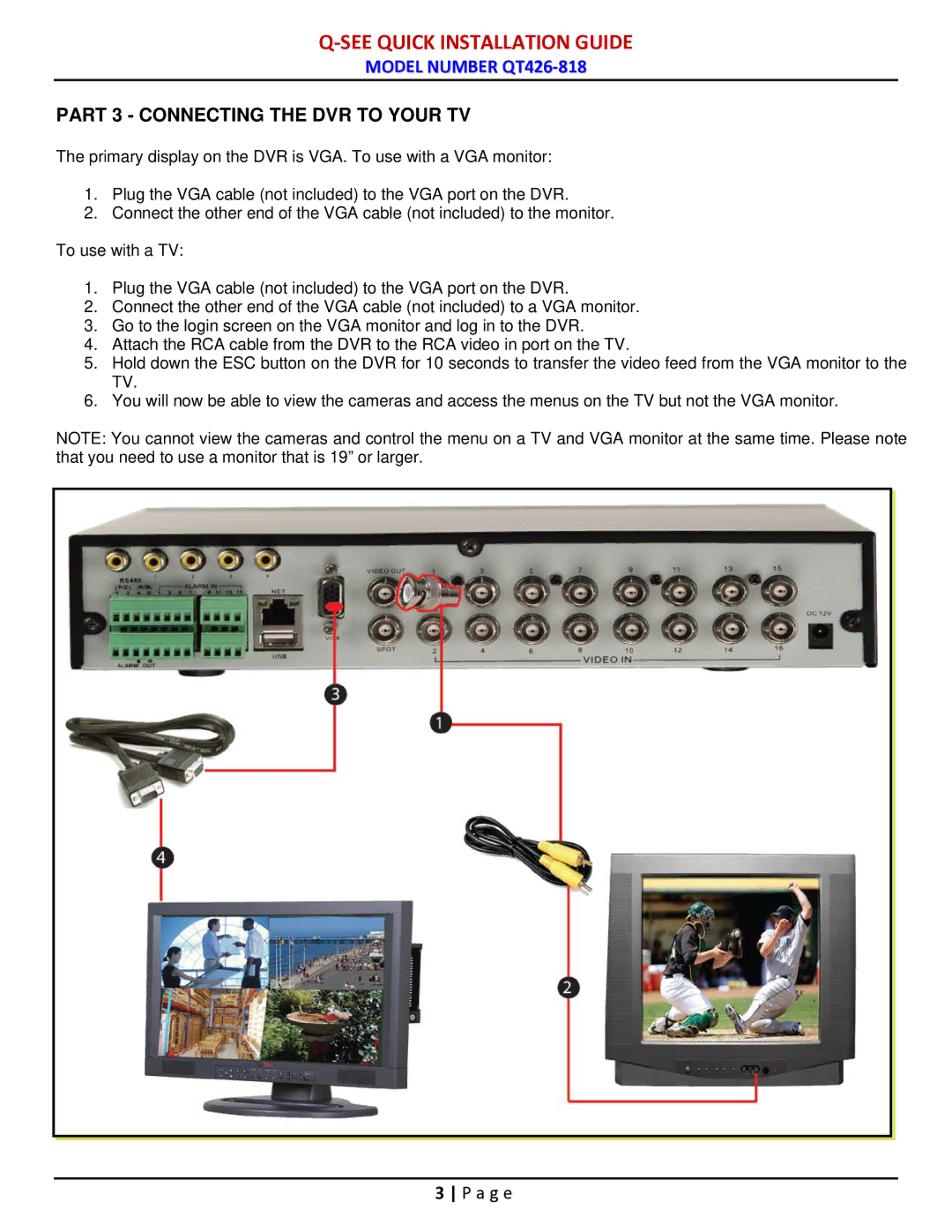 Q-See QT426-818 manual Part 3 Connecting the DVR to Your TV 