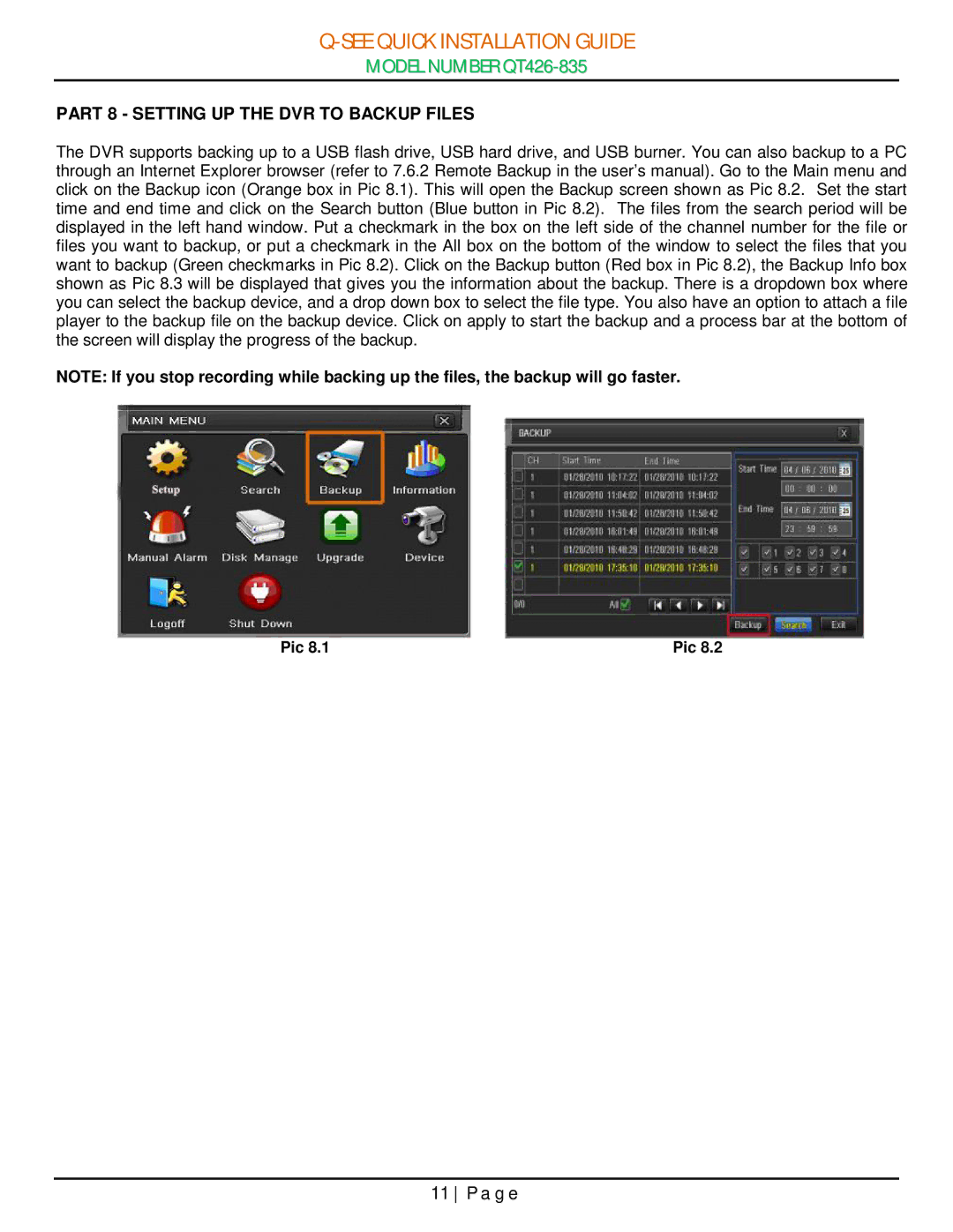 Q-See QT426-835 manual Part 8 Setting UP the DVR to Backup Files 