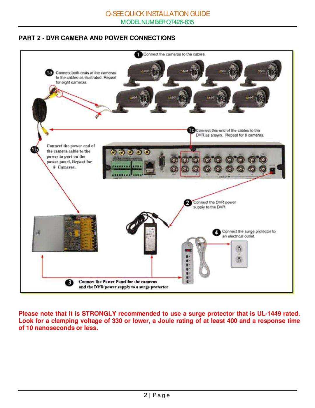 Q-See QT426-835 manual Part 2 DVR Camera and Power Connections 