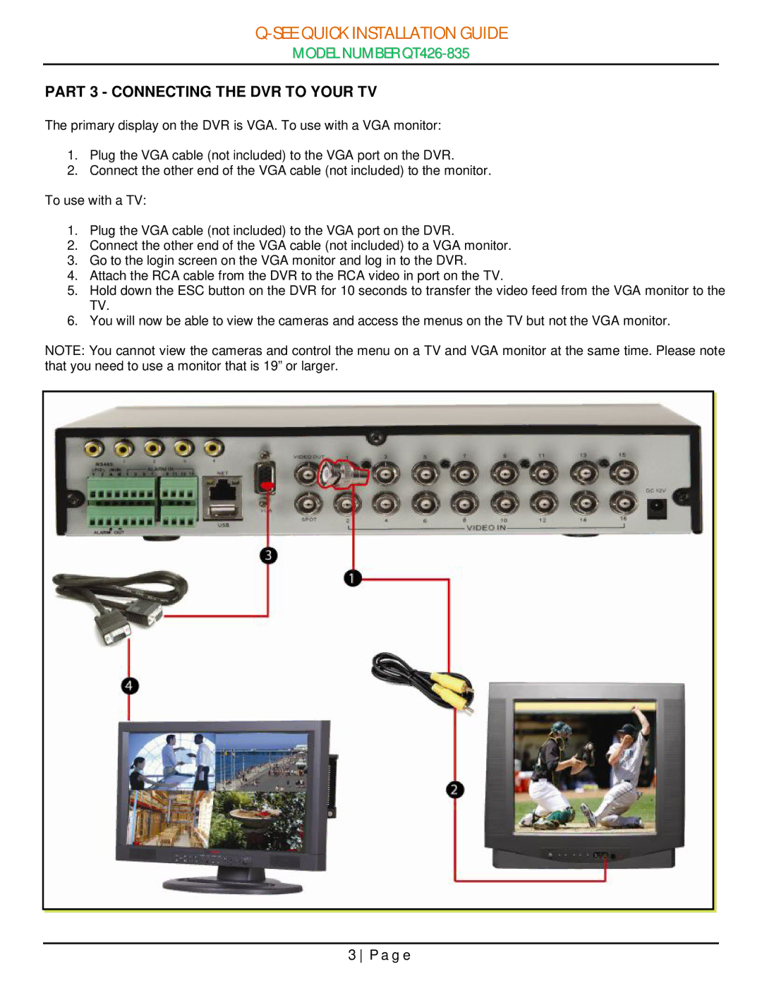 Q-See QT426-835 manual Part 3 Connecting the DVR to Your TV 