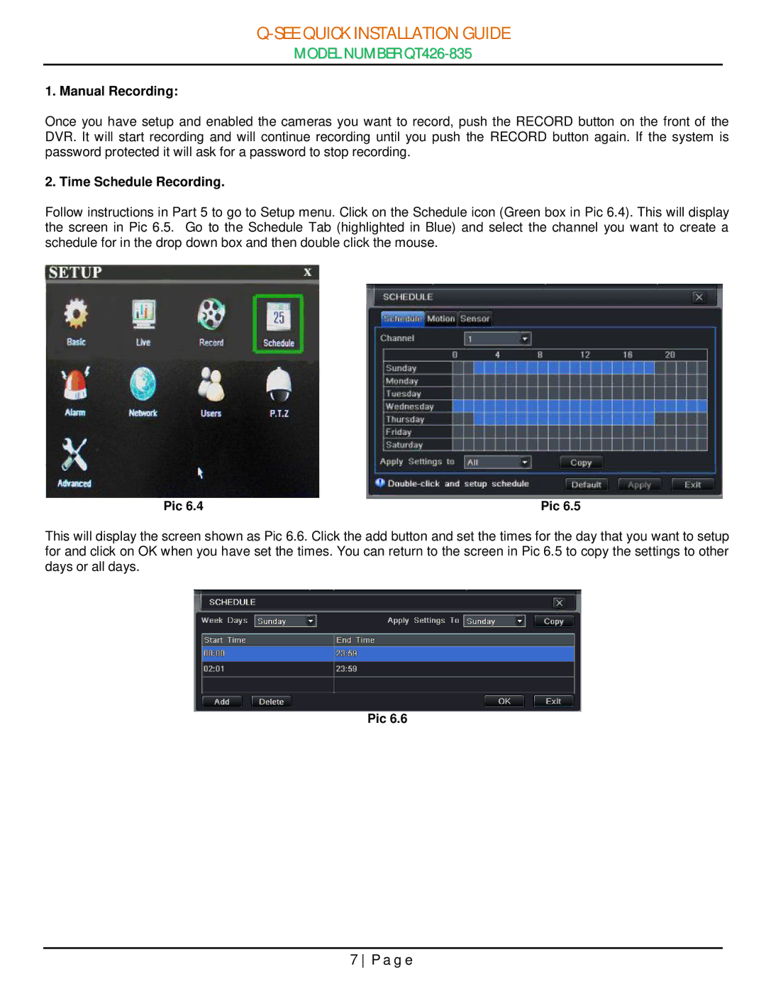 Q-See QT426-835 manual Manual Recording 