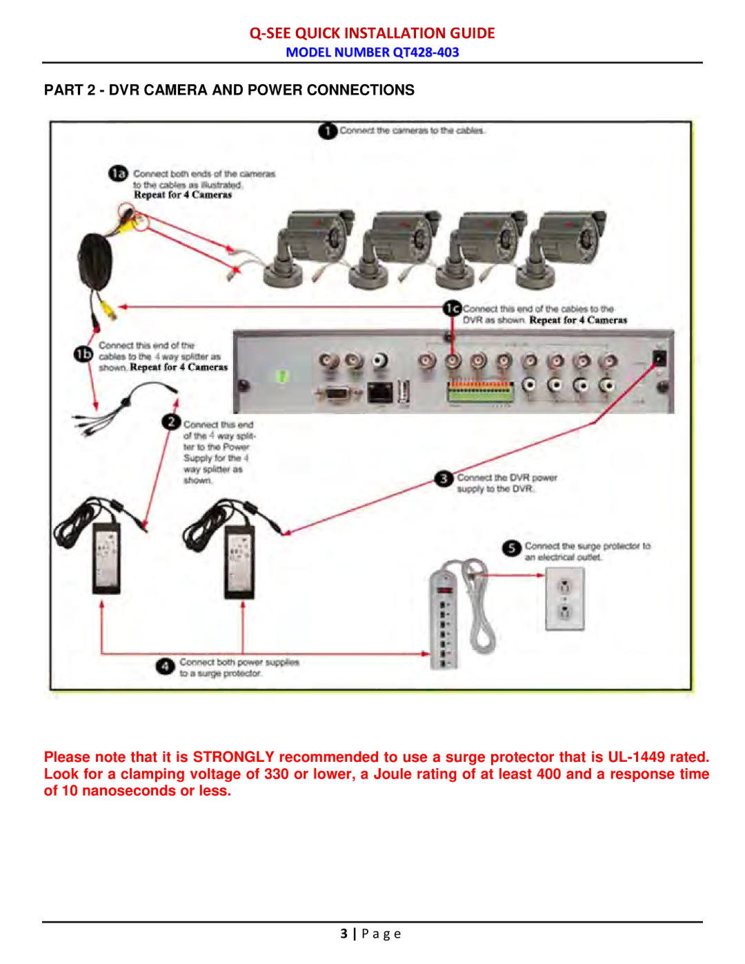 Q-See QT428-403 manual Part 2 DVR Camera and Power Connections 