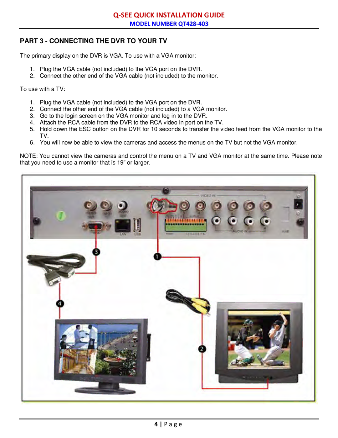 Q-See QT428-403 manual Part 3 Connecting the DVR to Your TV 