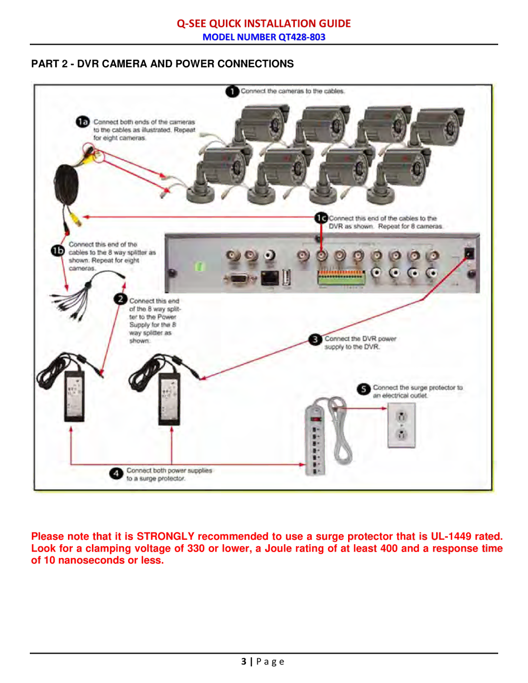 Q-See QT428-803 manual Part 2 DVR Camera and Power Connections 