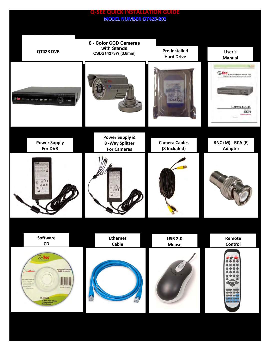 Q-See Q-Seequick Installation Guide, MODEL NUMBER QT428-803, PART 1 - PACKAGE CONTENTS, P a g e, QT428 DVR, Hard Drive 