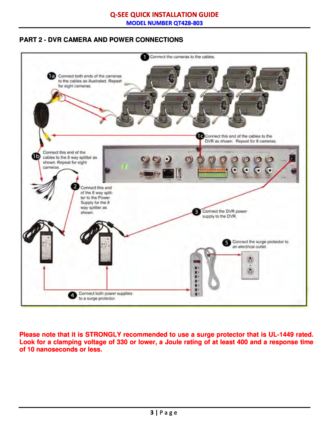 Q-See manual PART 2 - DVR CAMERA AND POWER CONNECTIONS, P a g e, Q-Seequick Installation Guide, MODEL NUMBER QT428-803 