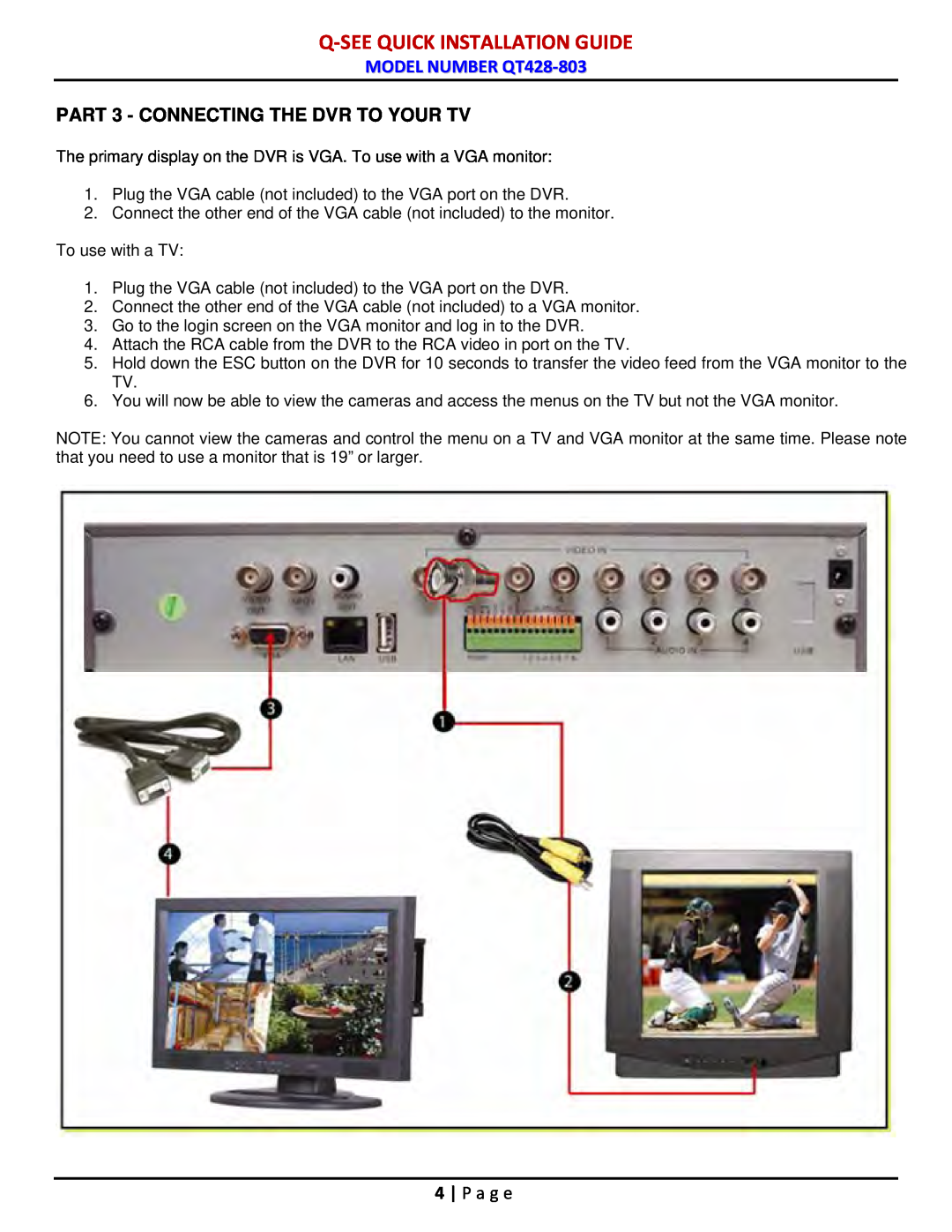Q-See manual PART 3 - CONNECTING THE DVR TO YOUR TV, P a g e, Q-Seequick Installation Guide, MODEL NUMBER QT428-803 