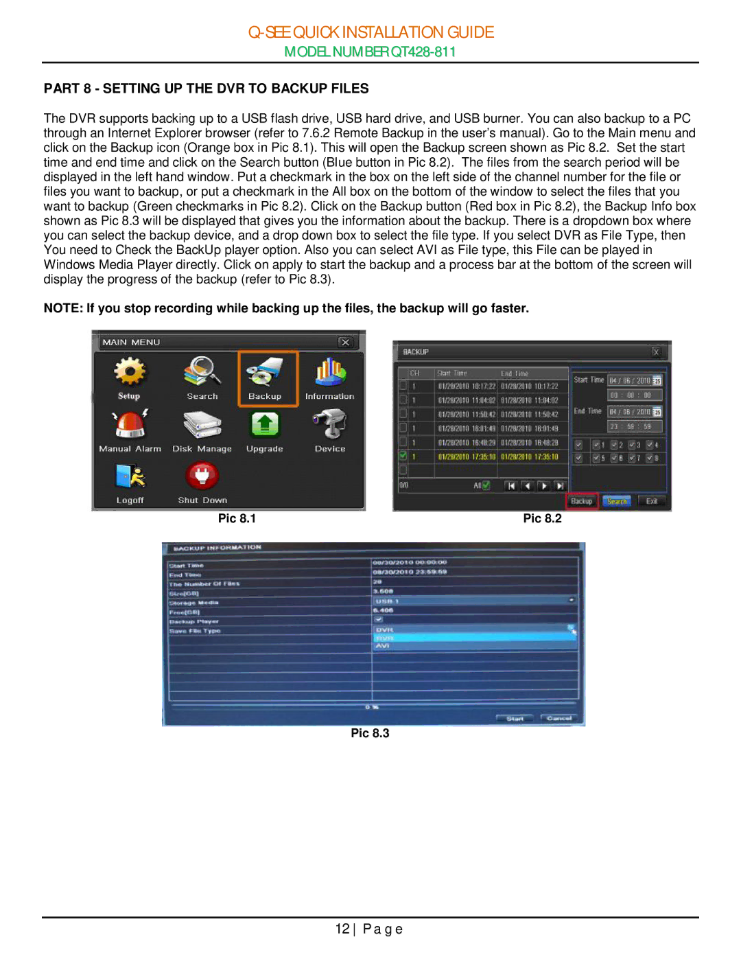 Q-See QT428-811 manual Part 8 Setting UP the DVR to Backup Files 