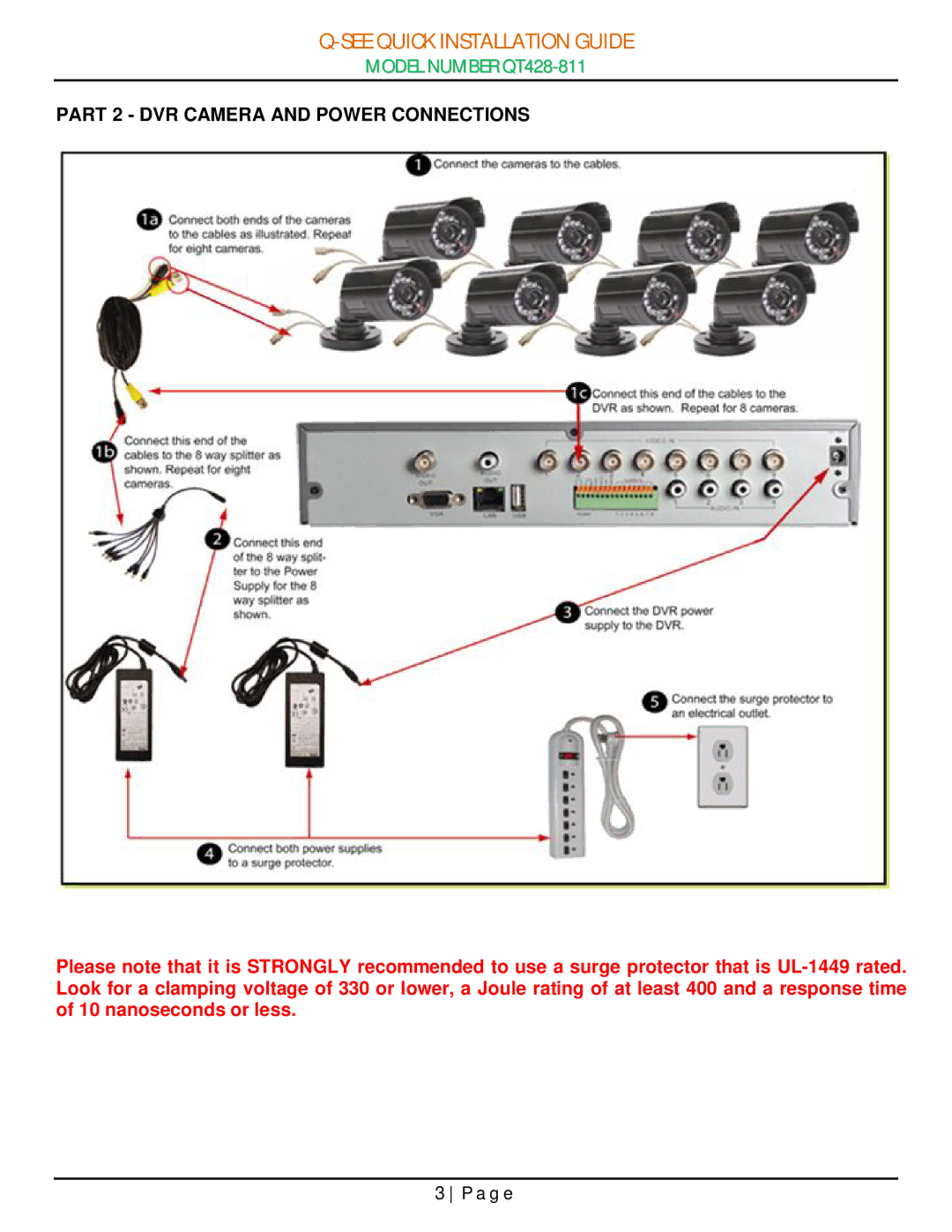 Q-See QT428-811 manual Part 2 DVR Camera and Power Connections 