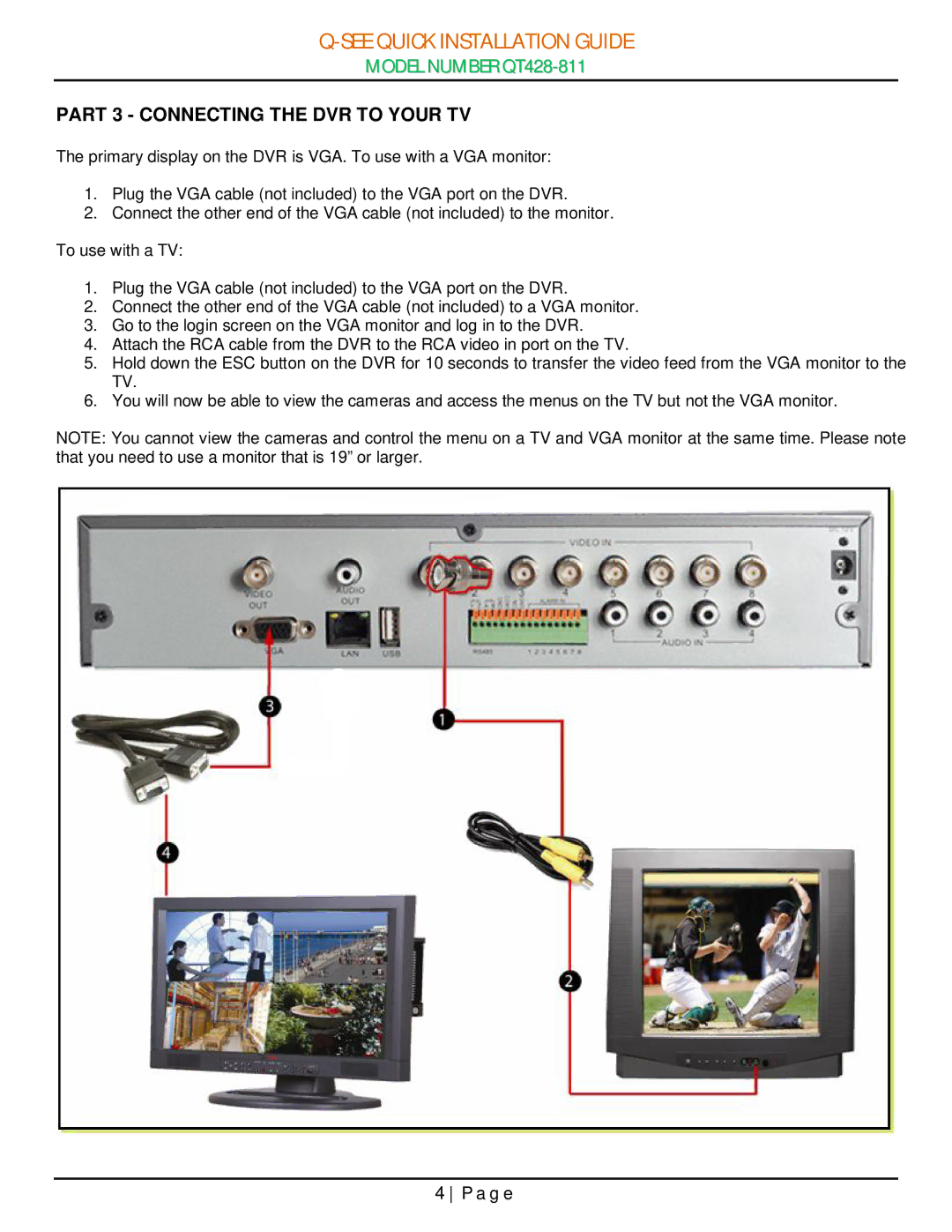 Q-See QT428-811 manual Part 3 Connecting the DVR to Your TV 