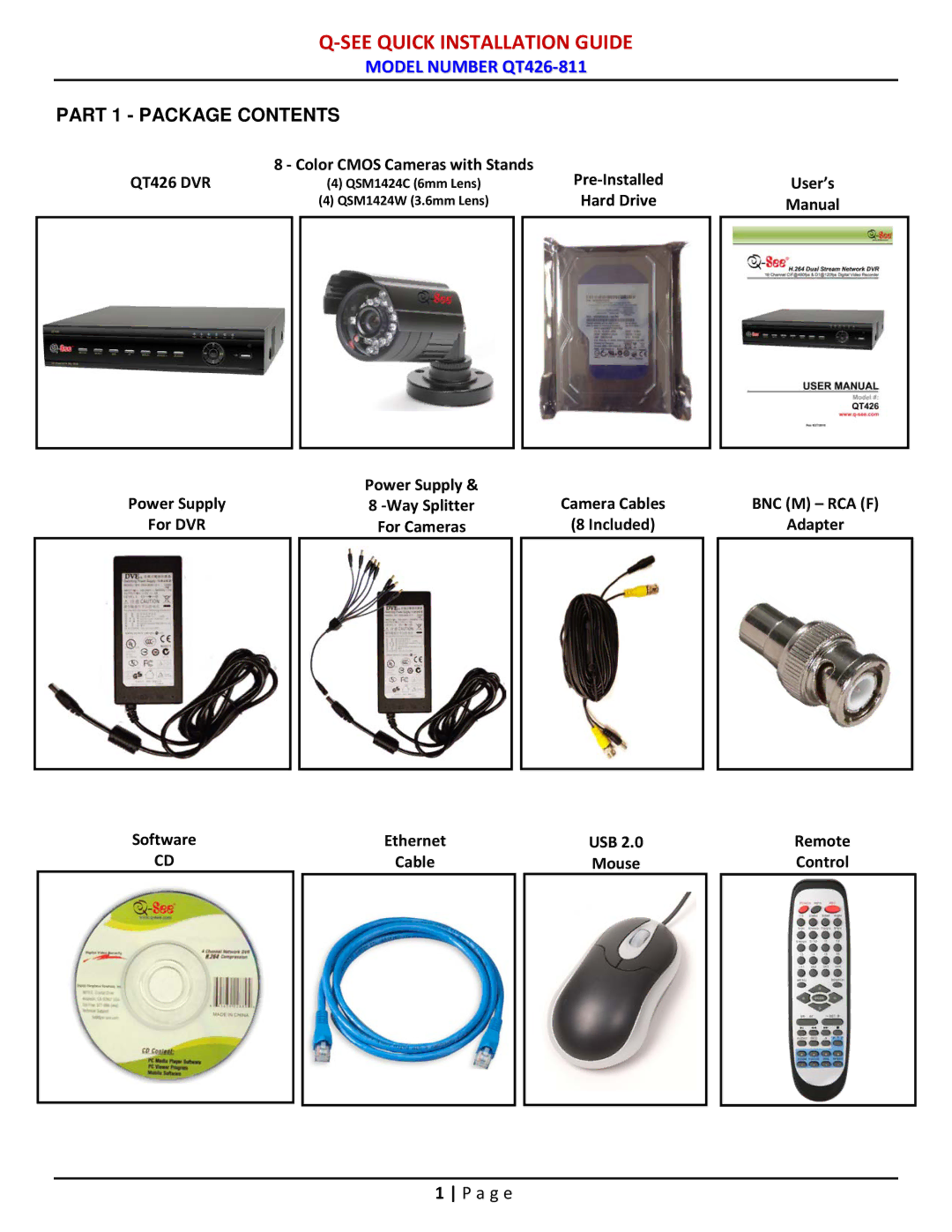 Q-See QT428-811 manual See Quick Installation Guide, Part 1 Package Contents 