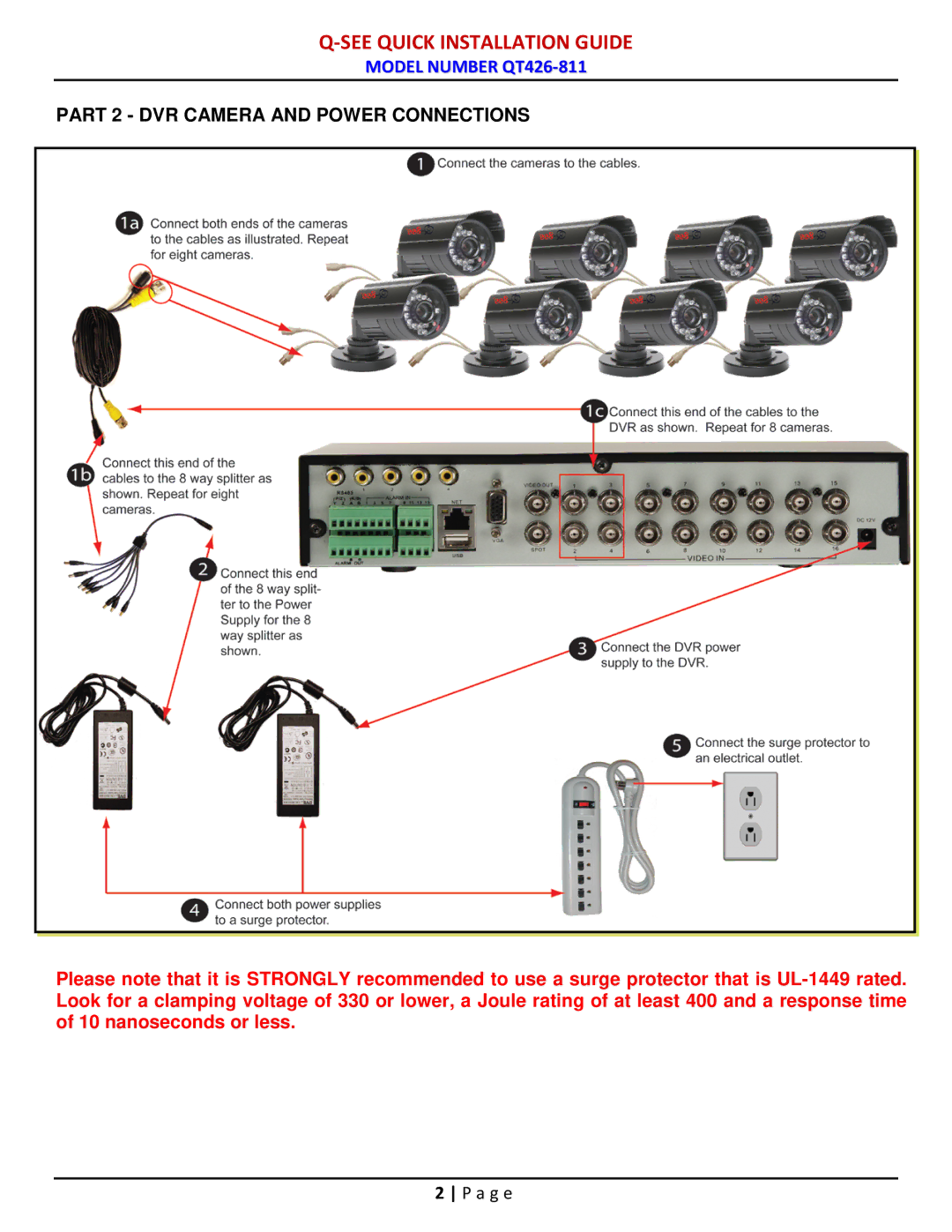 Q-See QT428-811 manual Part 2 DVR Camera and Power Connections 