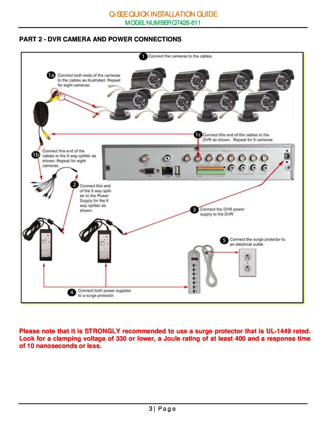 Q-See manual PART 2 - DVR CAMERA AND POWER CONNECTIONS, P a g e, Q-See Quick Installation Guide, MODEL NUMBER QT428-811 