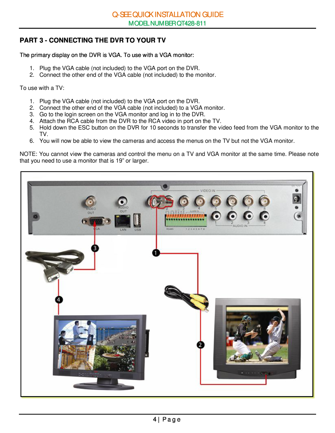 Q-See manual PART 3 - CONNECTING THE DVR TO YOUR TV, P a g e, Q-See Quick Installation Guide, MODEL NUMBER QT428-811 