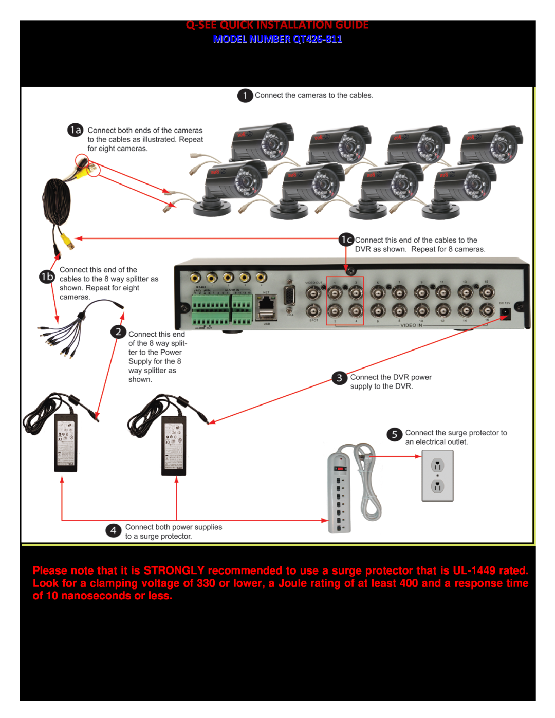 Q-See QT428-811 PART 2 - DVR CAMERA AND POWER CONNECTIONS, P a g e, Q-See Quick Installation Guide, MODEL NUMBER QT426-811 