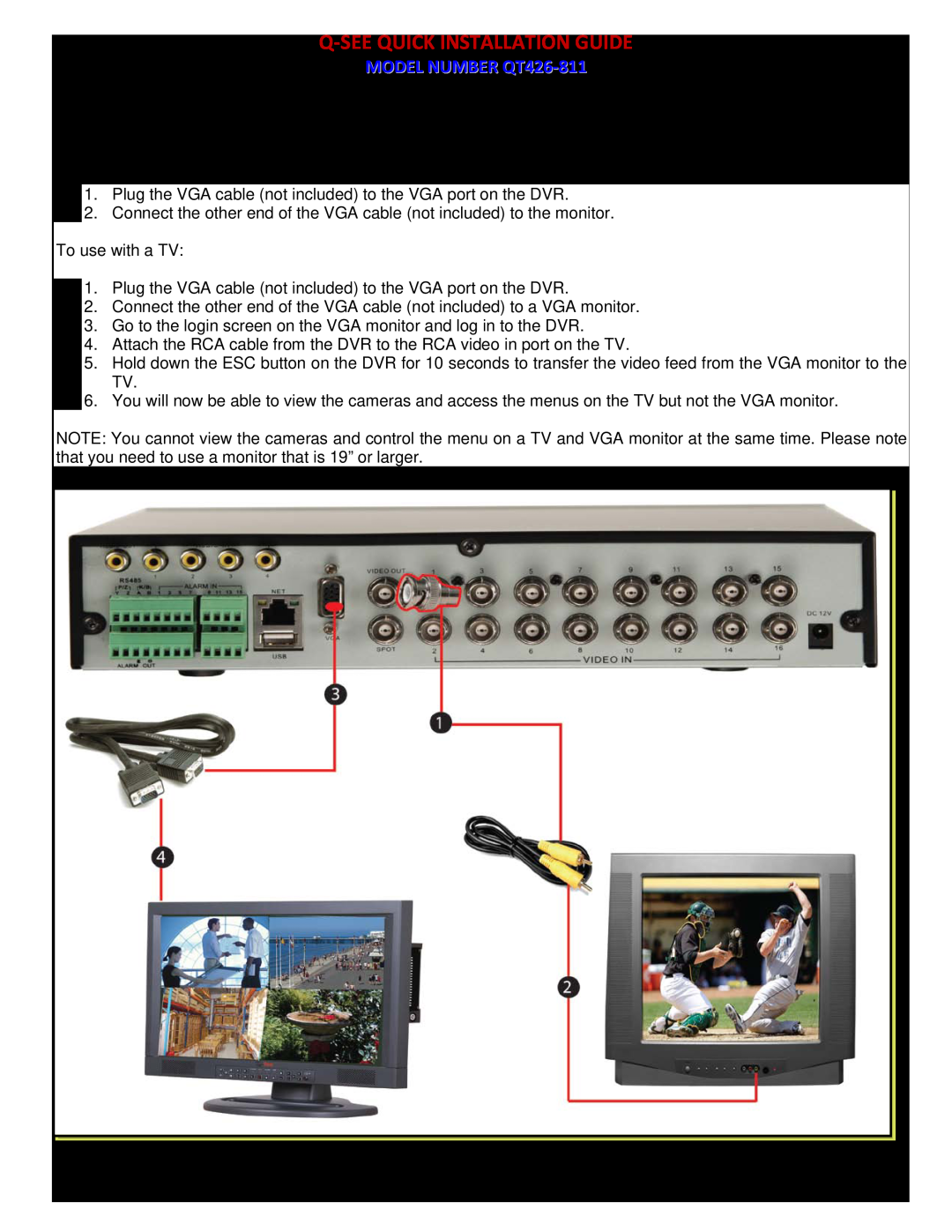 Q-See QT428-811 PART 3 - CONNECTING THE DVR TO YOUR TV, P a g e, Q-See Quick Installation Guide, MODEL NUMBER QT426-811 