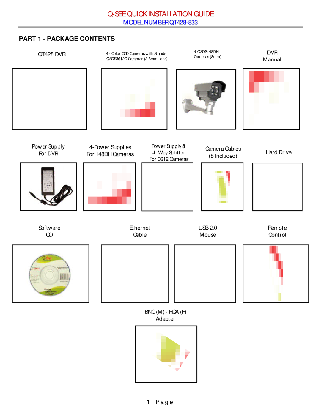 Q-See QT428-833 manual See Quick Installation Guide, Part 1 Package Contents 