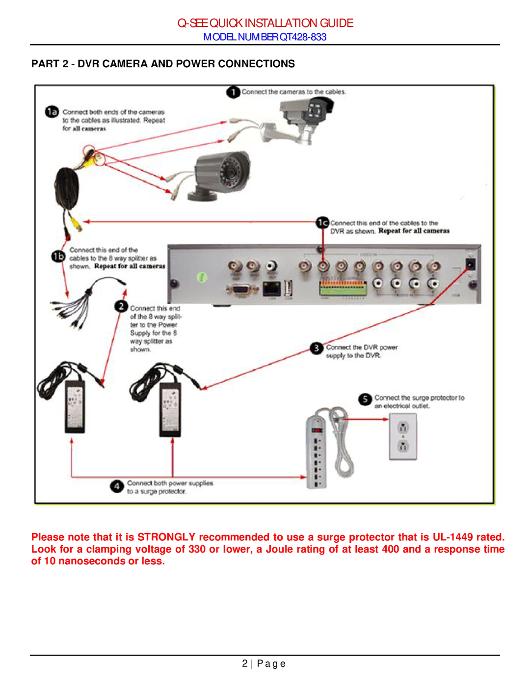 Q-See QT428-833 manual Part 2 DVR Camera and Power Connections 