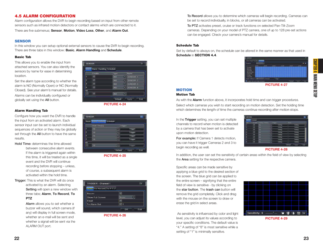 Q-See QT428, QT426, QT454, QT446 user manual Alarm Configuration, Sensor, Motion, Basic Tab, Alarm Handling Tab 