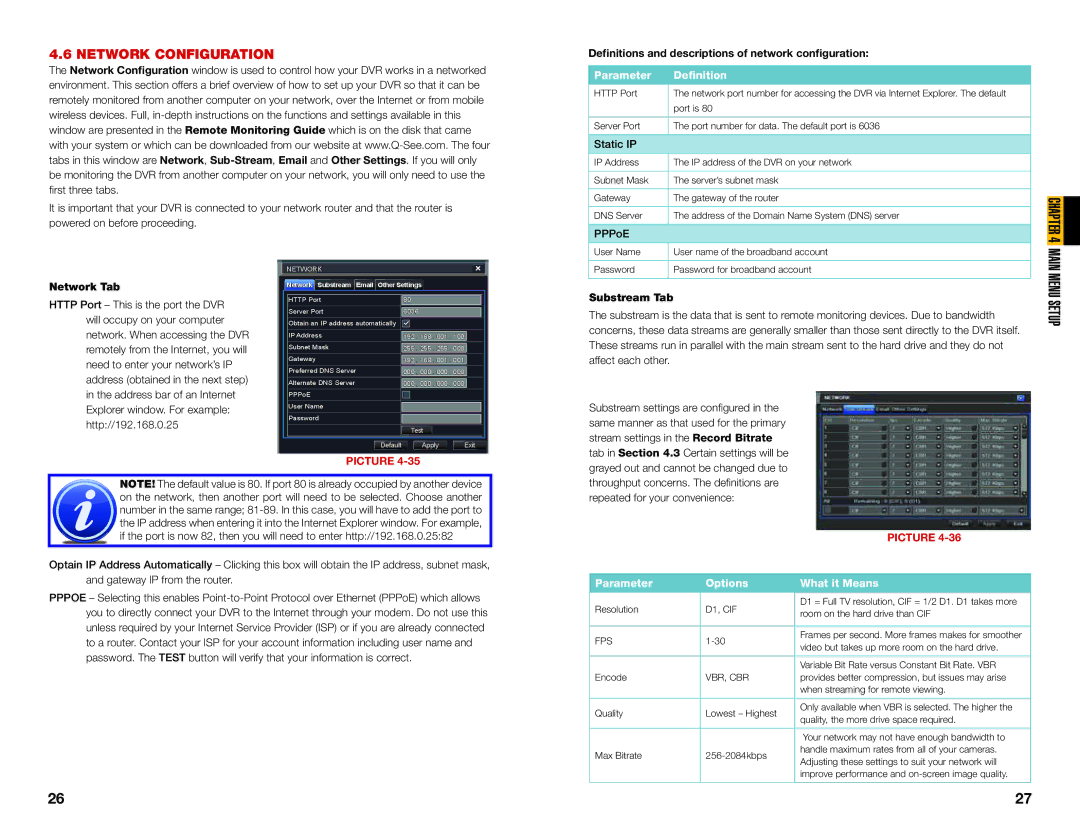 Q-See QT454, QT428 Menu Setup, Network Configuration, Definitions and descriptions of network configuration, Network Tab 