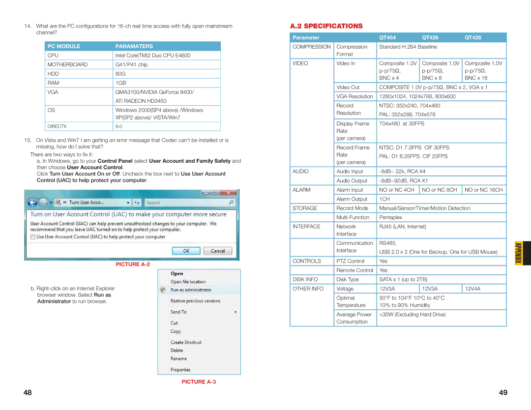 Q-See QT426, QT428, QT454, QT446 user manual Specifications, PC Module Paramaters 