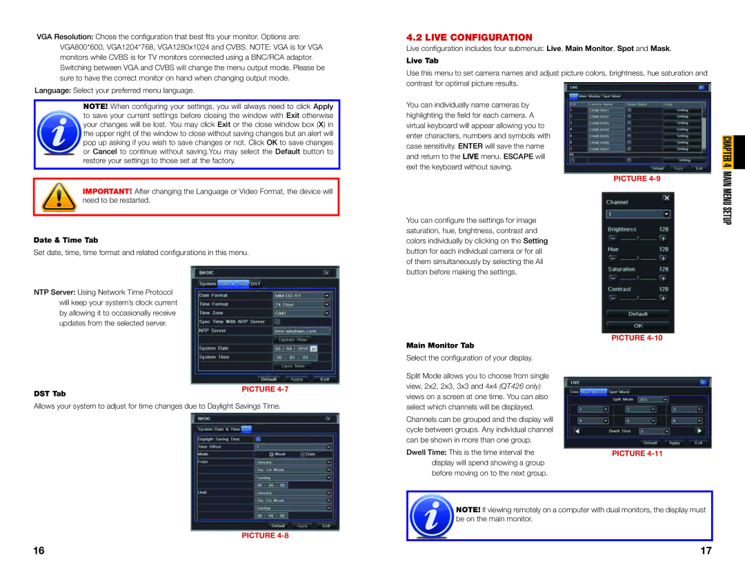 Q-See QT426, QT428, QT454, QT446 user manual Live Configuration, Date & Time Tab, Live Tab, Main Monitor Tab 