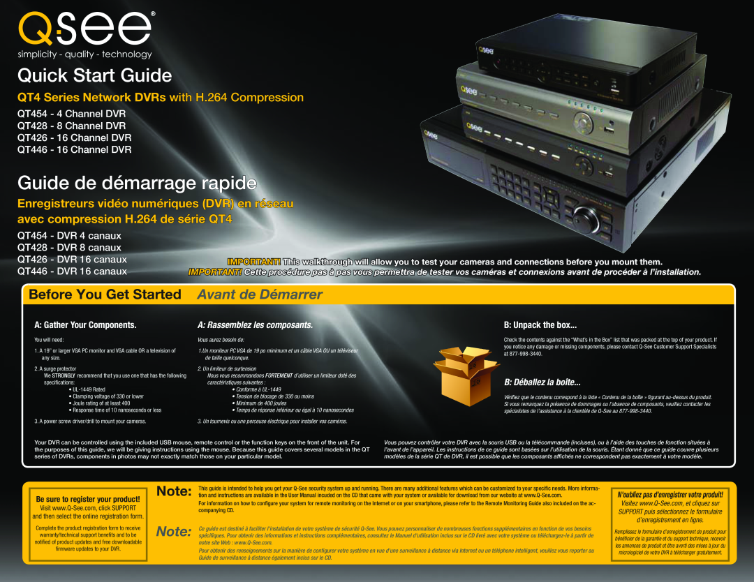 Q-See QT426 quick start Quick Start Guide, Be sure to register your product, QT4 Series Network DVRs, B Unpack the box 