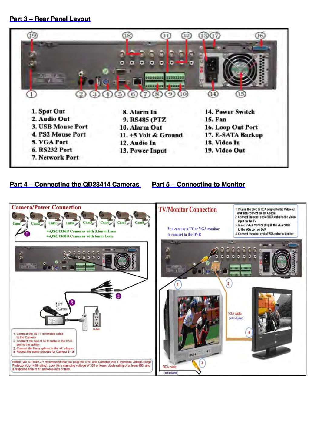 Q-See QT518-814 manual Part 3 - Rear Panel Layout, Part 4 - Connecting the QD28414 Cameras, Part 5 - Connecting to Monitor 
