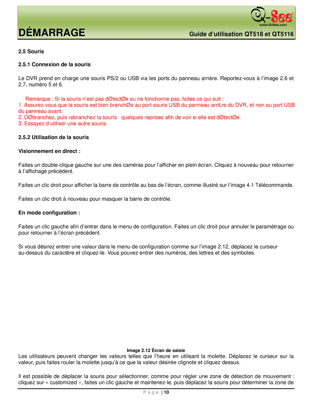 Q-See QT5116, QT518 Souris Connexion de la souris, En mode configuration, Utilisation de la souris Visionnement en direct 