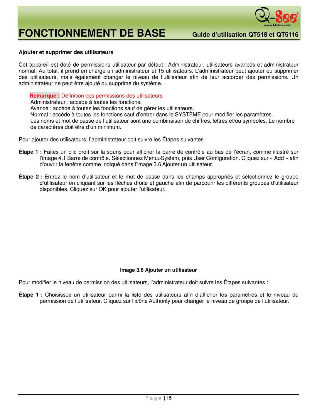 Q-See QT518, QT5116 manual Ajouter et supprimer des utilisateurs, Image 3.6 Ajouter un utilisateur 