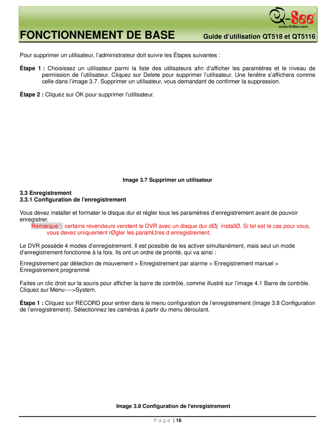 Q-See QT5116, QT518 manual Enregistrement Configuration de lenregistrement, Image 3.7 Supprimer un utilisateur 