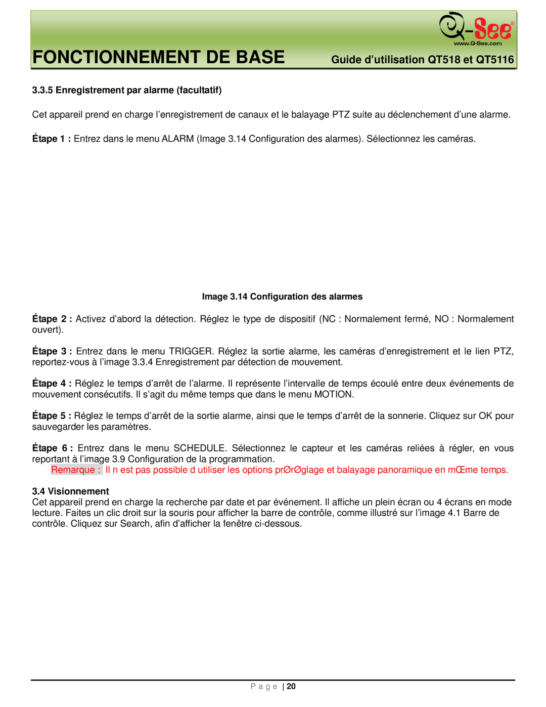 Q-See QT5116, QT518 manual Enregistrement par alarme facultatif, Visionnement, Image 3.14 Configuration des alarmes 